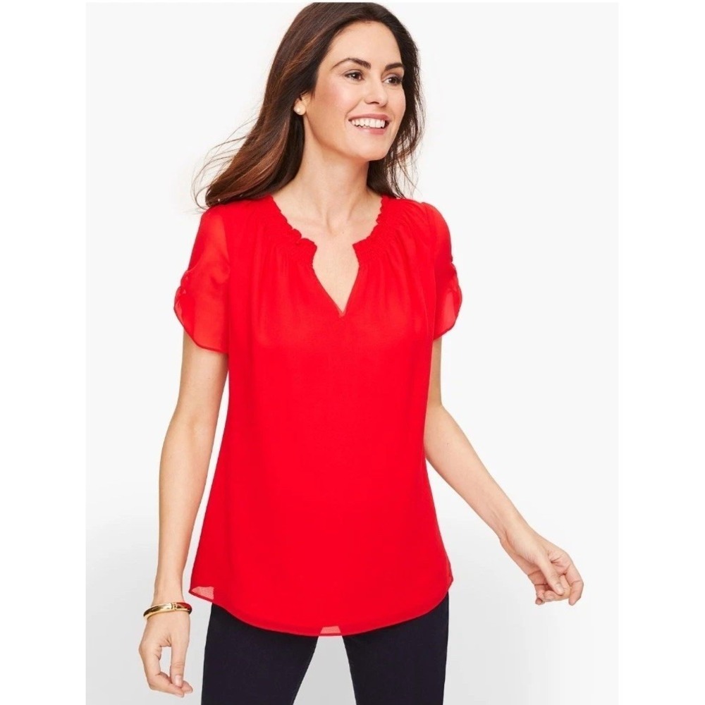 Talbots Blouse Women's Short Sleeve Red Size M Split Ruffle Neck